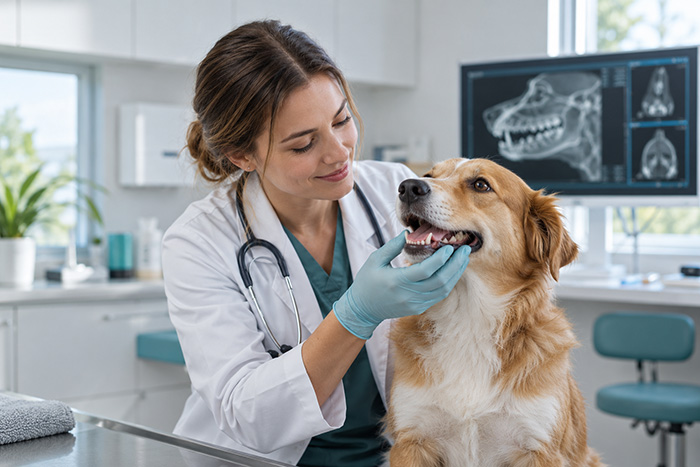 兽医在现代化宠物诊所检查犬口腔健康